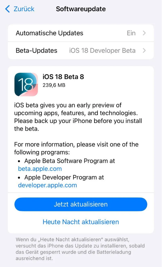 谷城苹果手机维修分享苹果 iOS / iPadOS 18 开发者预览版 Beta 8 发布 